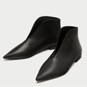 Zara Flat Leather Ankle Boots With V Vamp, NEW